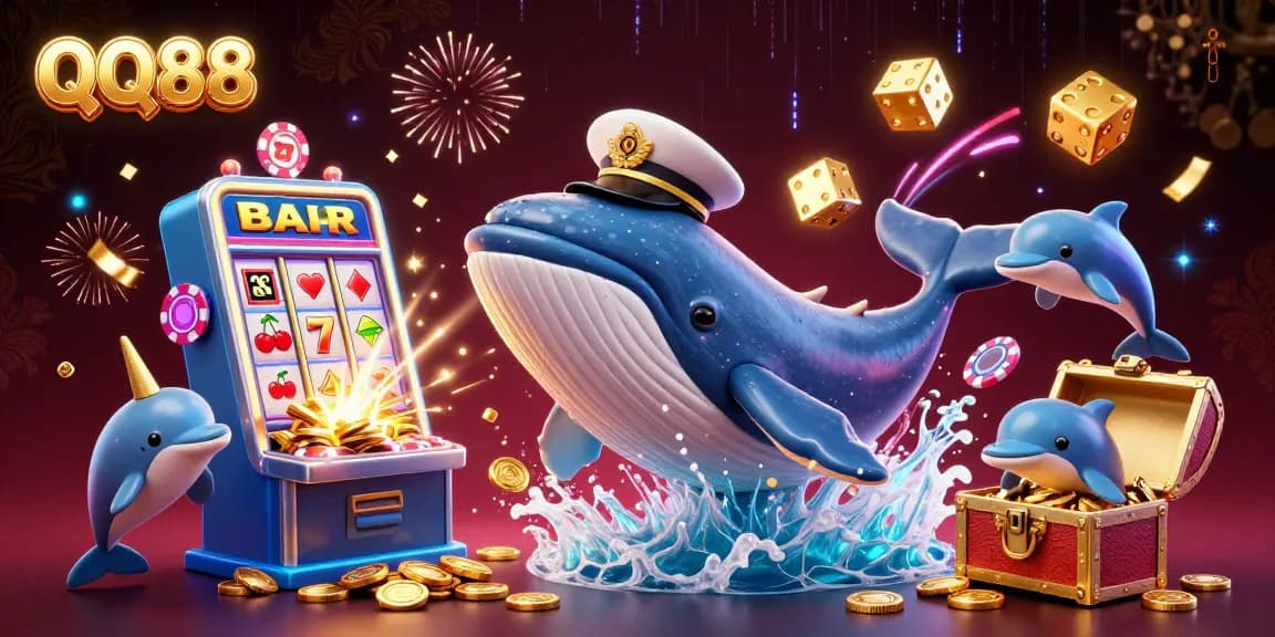 Experience the excitement of QQ88 with a vibrant 3D illustration featuring a cartoon whale and casino elements, capturing the thrill of online gambling.