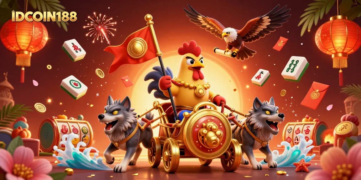 Engage with IDCOIN188's vibrant casino scene featuring a golden war chariot and festive game elements.