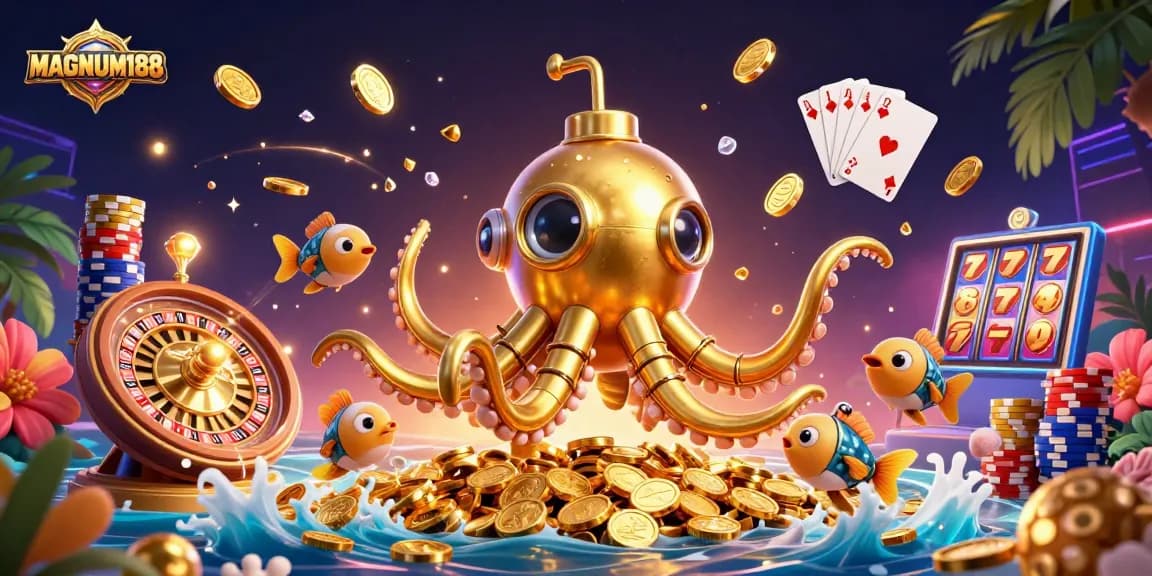 Experience the excitement of MAGNUM188 with a golden kraken and treasure-filled casino scene.