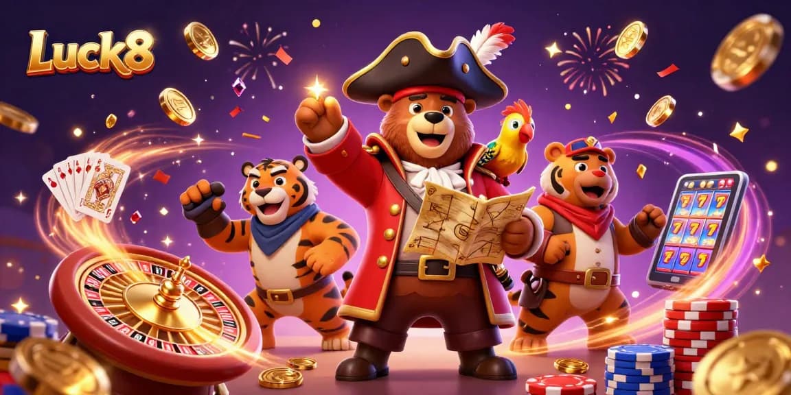Luck8 pirates spinning roulette amidst cascading golden coins and vibrant gaming elements.