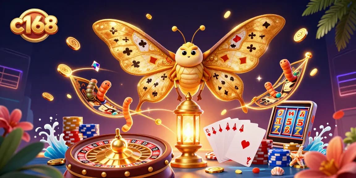 Play strategically at c168 with vibrant casino elements and 3D characters amidst golden treasures.