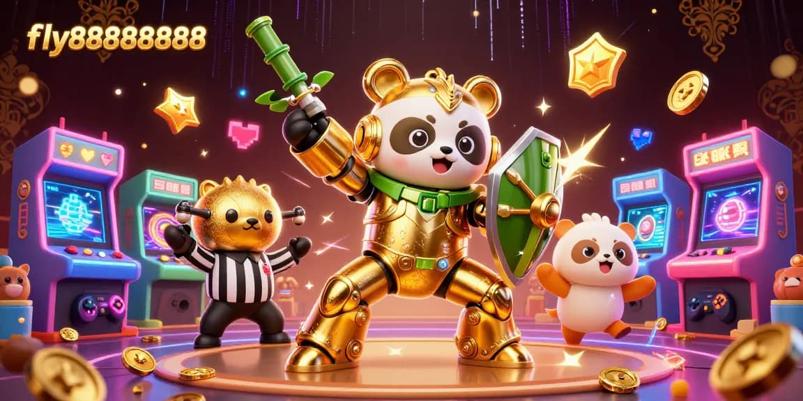 Experience thrilling gameplay with fly88888888 as golden panda pilots a mech robot amidst festive gaming excitement.