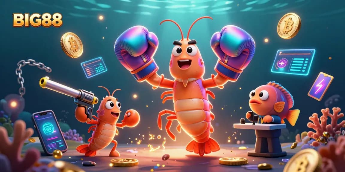 Engage with BIG88's vibrant casino atmosphere featuring energetic characters and crypto elements.