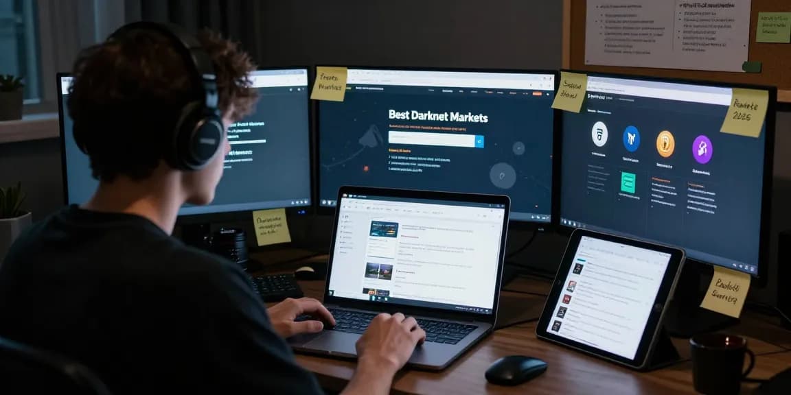 Scene illustrating the Best Darknet Markets 2026 with a user researching secured marketplaces on glowing screens.