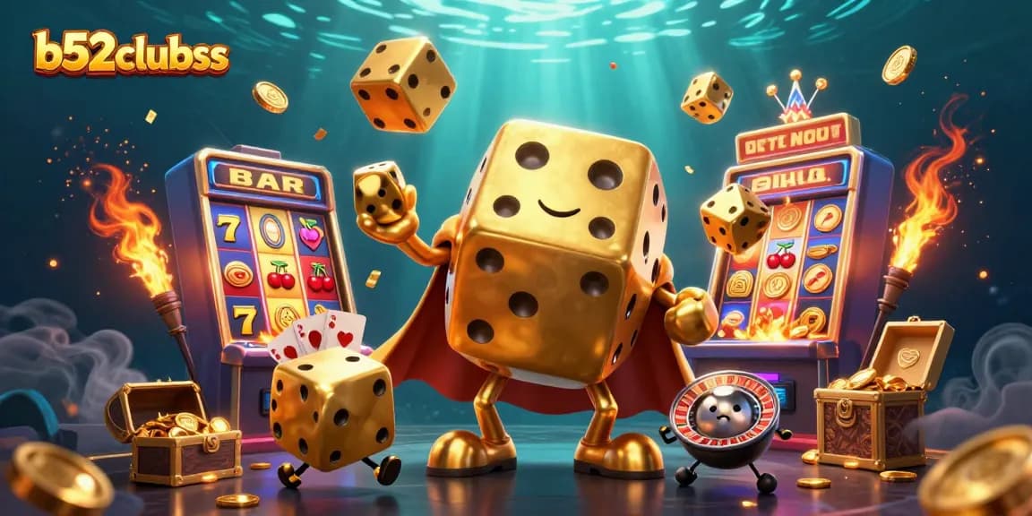 Experience the excitement of b52clubss as golden dice juggle amidst a jackpot explosion in a vivid casino scene.