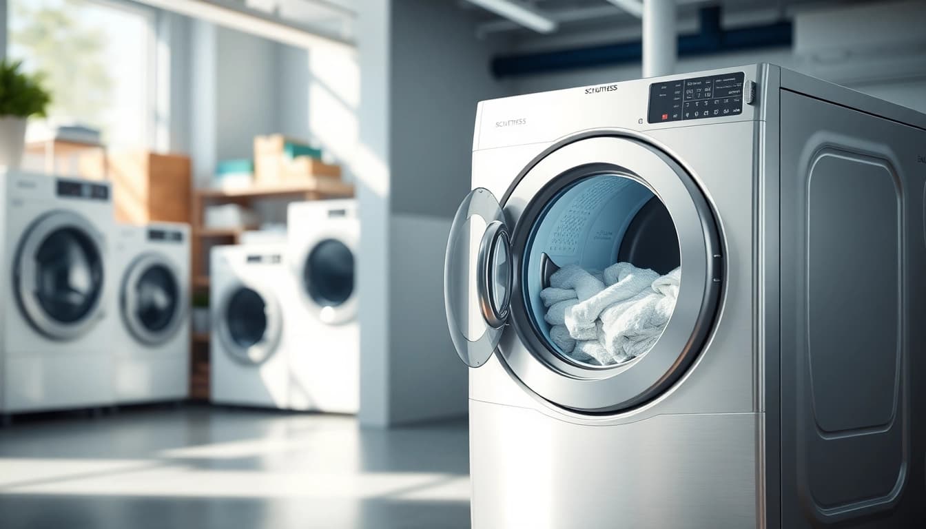 Schulthess tumbler drying vibrant laundry in a modern laundry room setup.