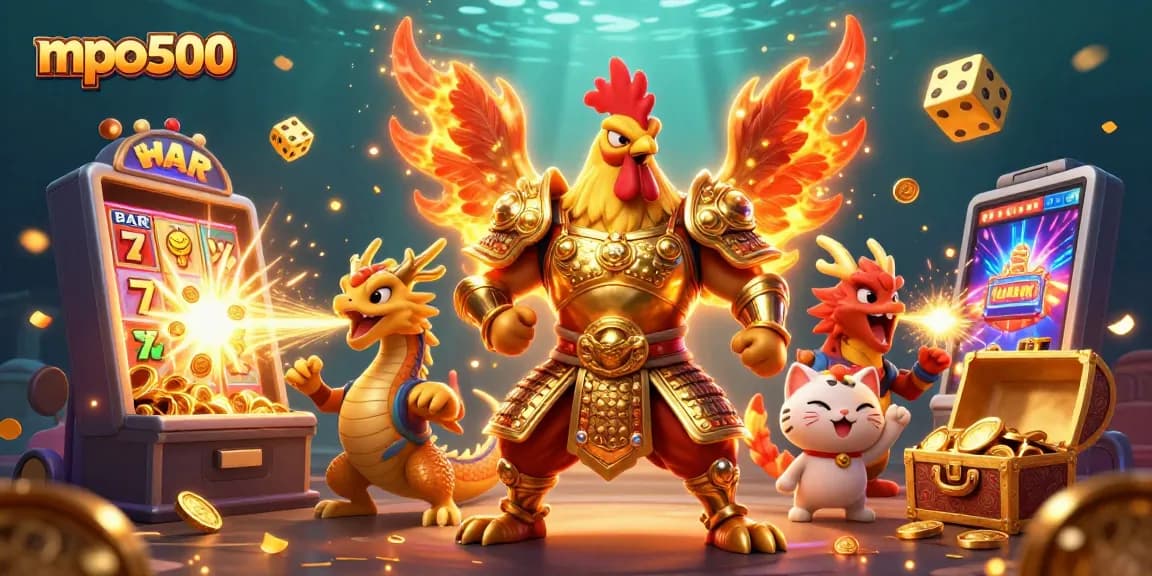 Watch the powerful mpo500 rooster warrior alongside a fierce dragon hatchling in an exciting casino scene.