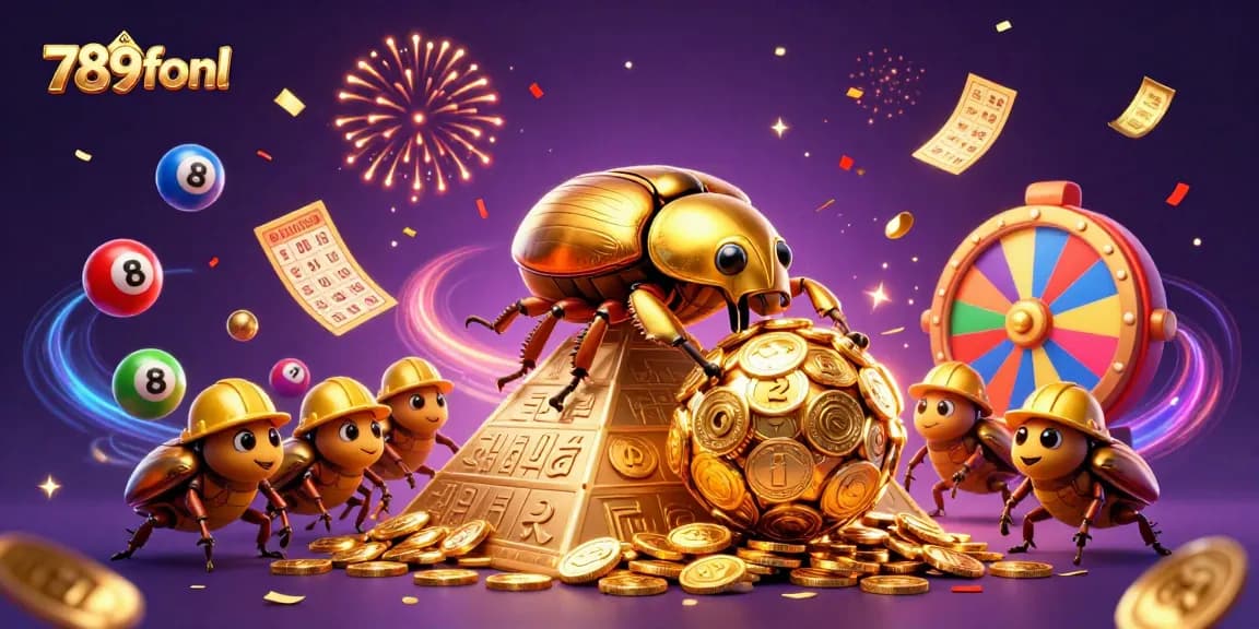 Experience thrilling gameplay at 789fonl with a golden dung beetle rolling coins and dynamic lottery elements.