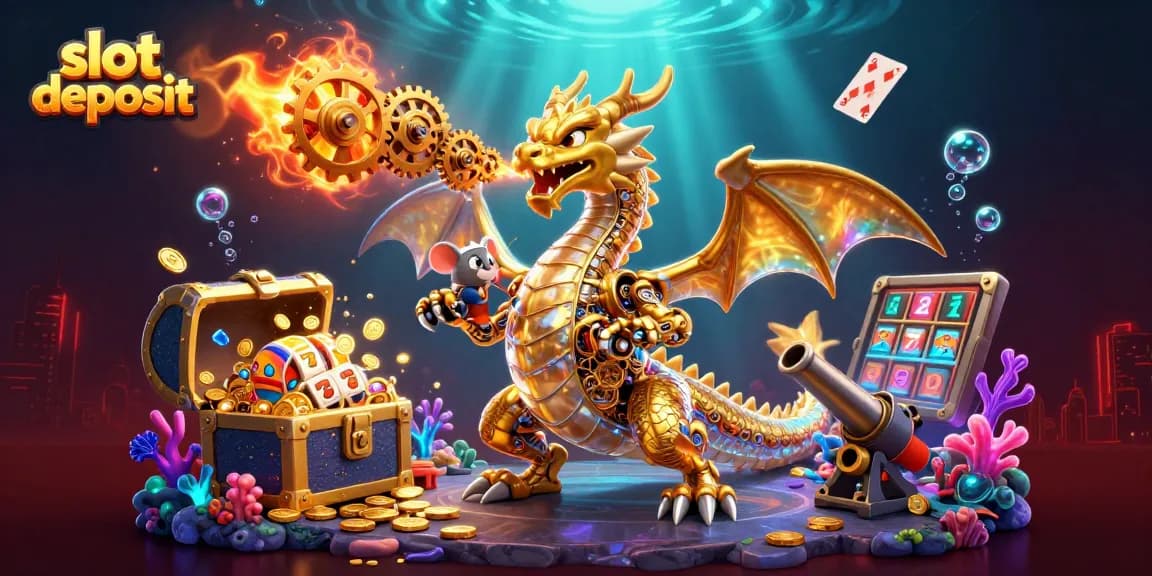 Slot deposit dengan elemen kasino yang menampilkan naga emas dan elemen permainan
