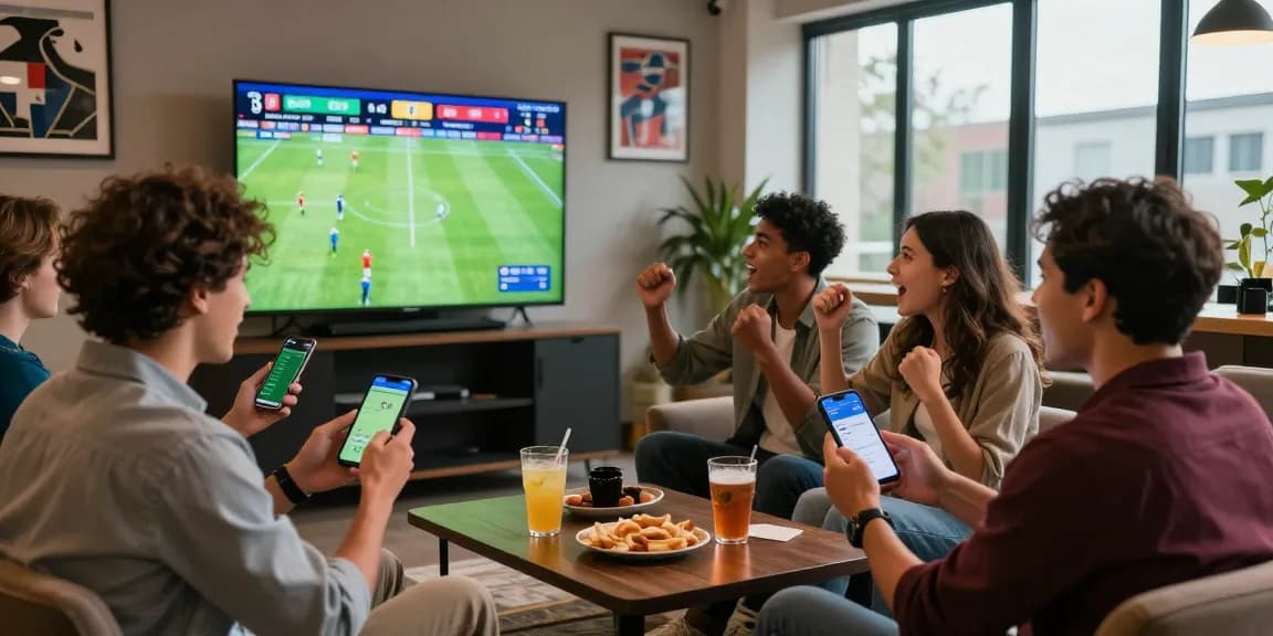 Situs Taruhan Bola Terpercaya excitement in sports betting lounge with friends cheering.