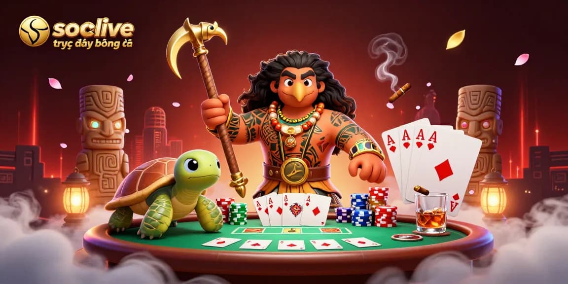 Socolive trực tiếp bóng đá showcases exciting live sports action with vibrant characters and poker elements, upleveling your betting experience.