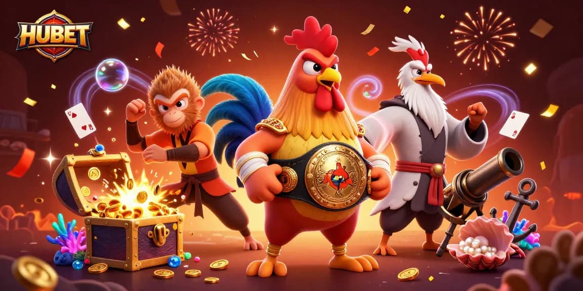 Experience HUBET's vibrant gaming environment with fierce rooster and skilled martial artists amid explosive treasure!