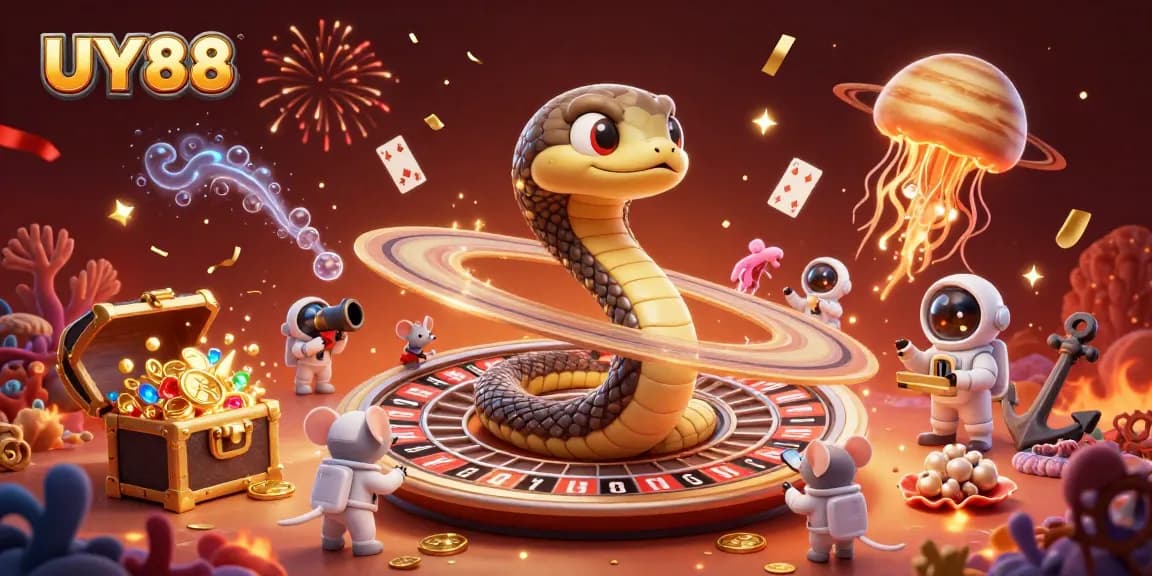 Experience UY88's excitement with a vivid casino scene featuring a cosmic roulette and playful astronaut mice.
