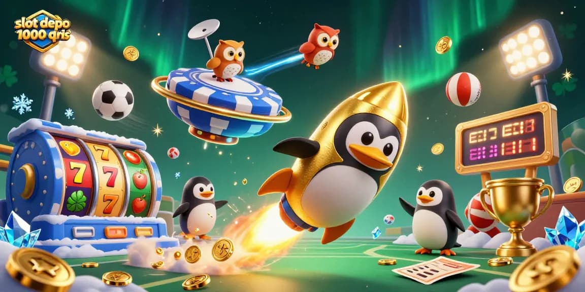 Merayakan keseruan slot depo 1000 qris dengan karakter kartun bertema kasino yang penuh warna dan simbol slot yang menggembirakan.