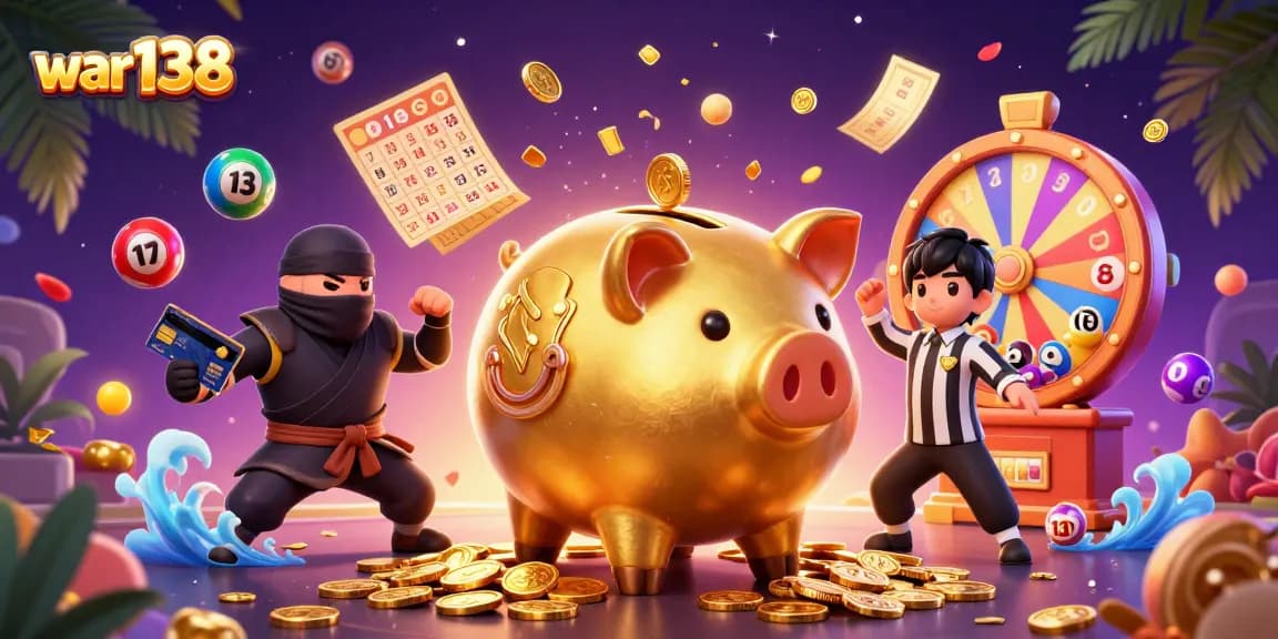 Experience thrilling wins with war138 as a golden piggy bank sumo wrestler stomps coins amidst lottery action.