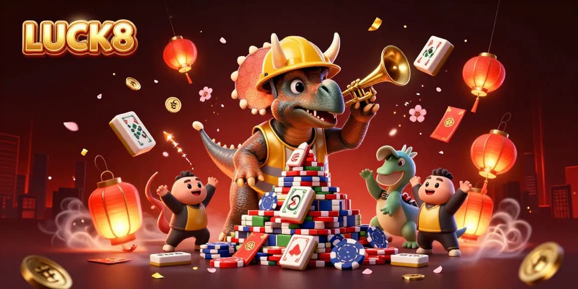 LUCK8 celebrates a vibrant casino experience with animated characters building poker chips amid festive game elements.