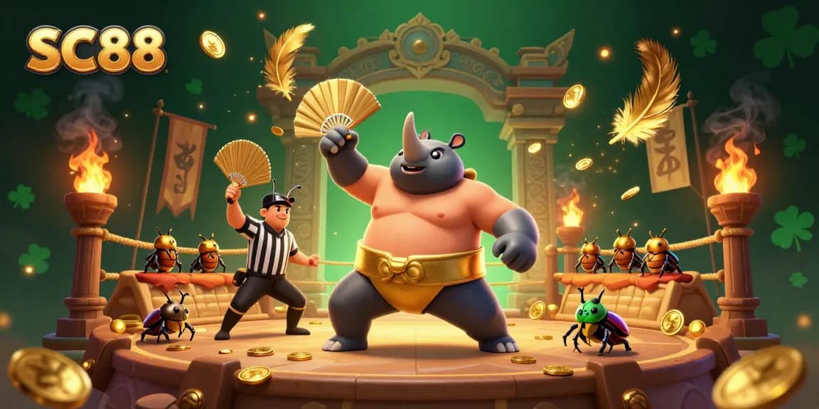 Action-packed illustration of SC88 featuring a beetle sumo champion amidst gold coins and cheering spectators.