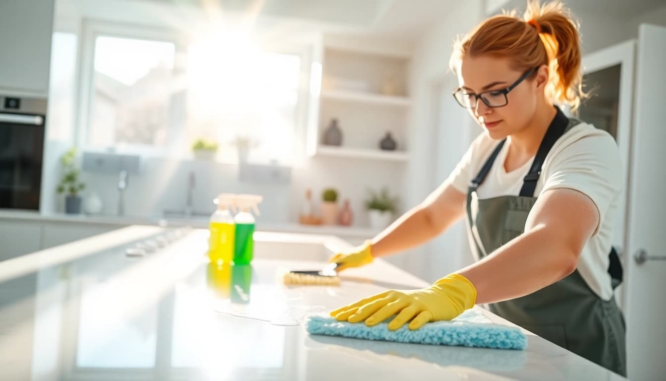 Bond cleaning in progress with a professional cleaner scrubbing a countertop, showcasing effective cleaning techniques.