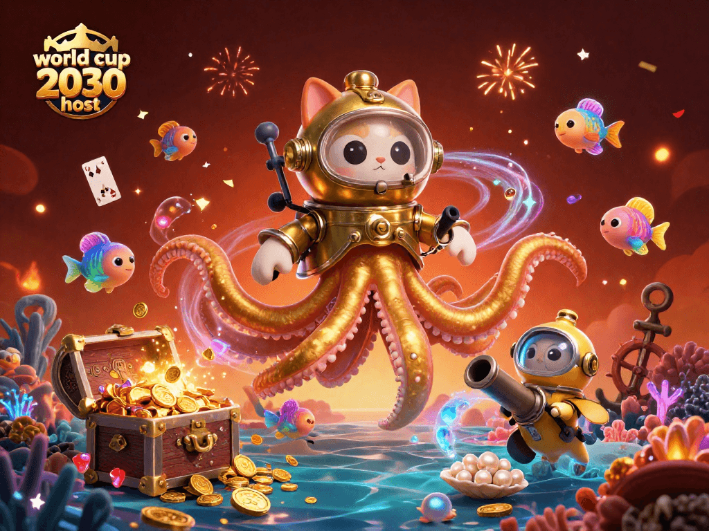Engaging world cup 2030 host casino-themed scene with kraken and diving cat in action