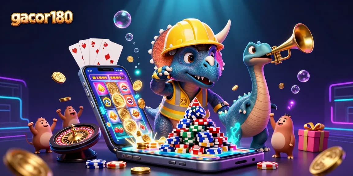 gacor180 memeriahkan permainan dengan karakter saurus kartun dalam suasana kasino.