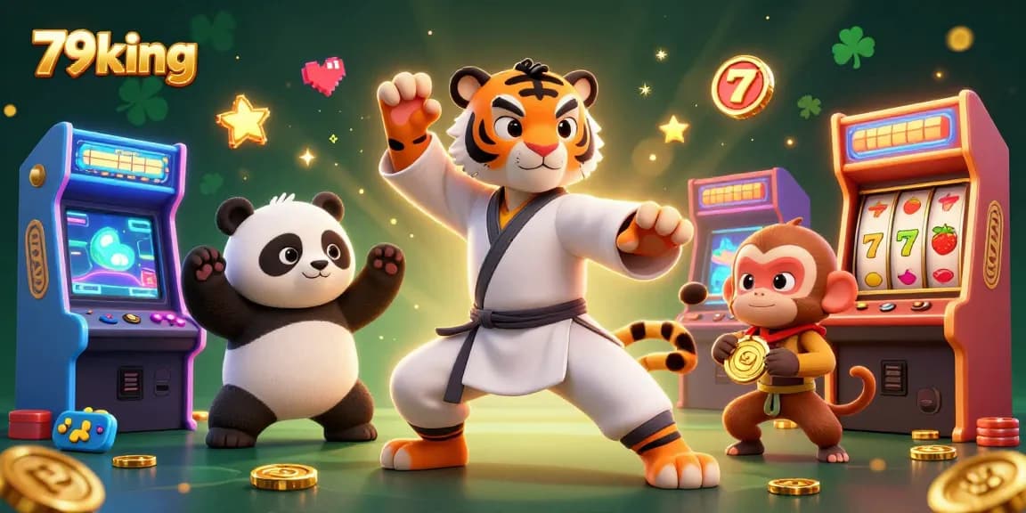 Engage with 79king in this vibrant casino scene featuring kung fu characters and colorful slot elements.