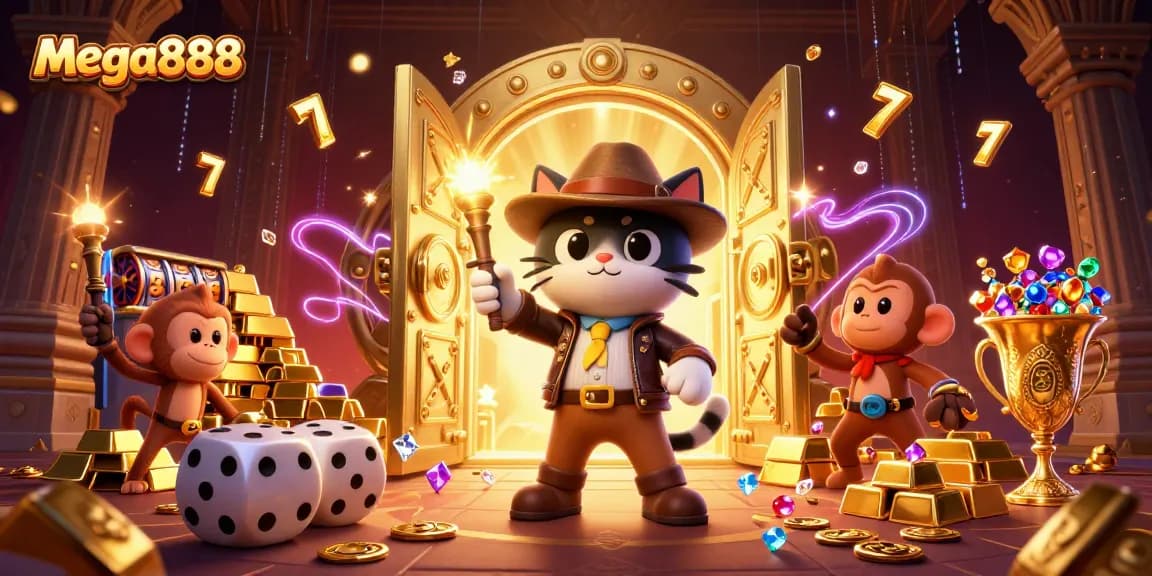 Experience mega888 with vibrant slots and rich casino treasures in this dynamic illustration.