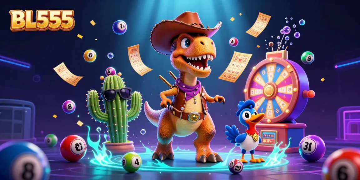 Engage in thrilling gaming with BL555 featuring a dynamic scene with a T-Rex, cactus, and roadrunner surrounded by colorful lottery elements.