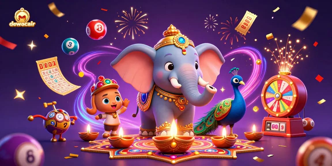 Experience winning with dewacair through colorful lottery balls and casino excitement in a vibrant illustration.