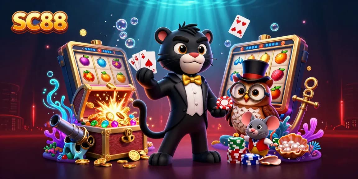 SC88 showcases a stylish black panther dealing cards in a vibrant casino-inspired underwater scene.