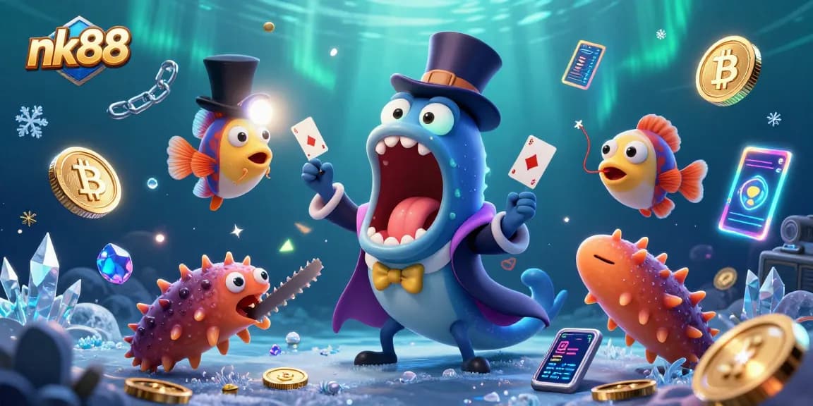 Experience nk88's thrilling gambling vibes with a 3D underwater magic show featuring unique sea creatures and glowing cryptocurrency elements.