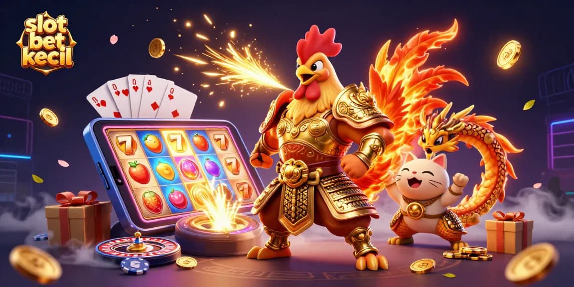 Engage with slot bet kecil featuring illustrated rooster warrior, dragon hatchling, and dynamic slot game elements.