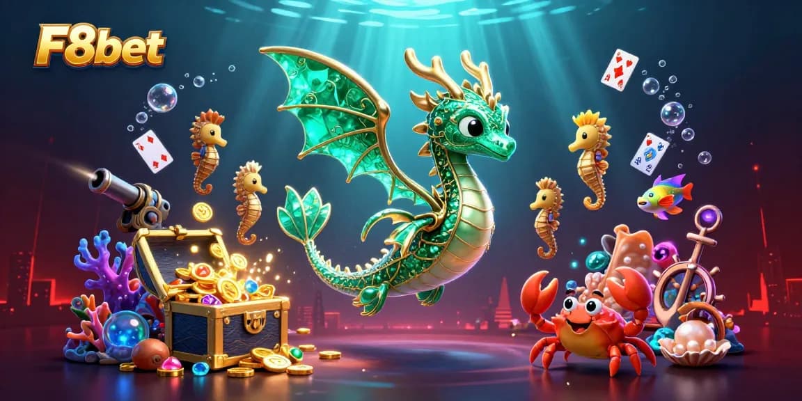 Engage with F8bet's vibrant casino world featuring a majestic sea dragon and treasure in stunning detail.