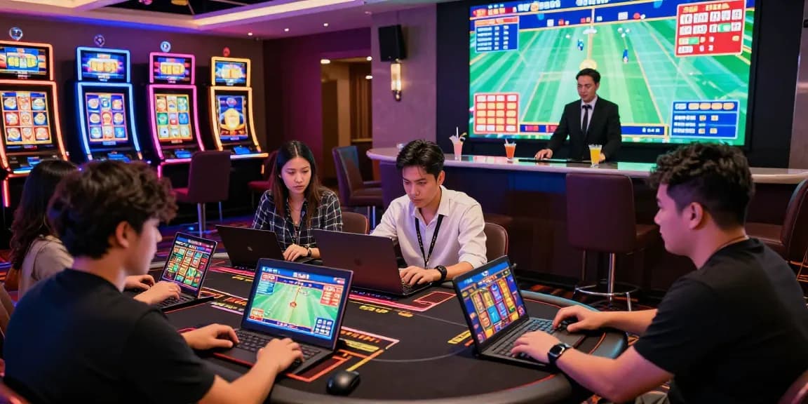 Đánh giá nhà cái bo88 có uy tín không with players enjoying a vibrant online gaming atmosphere in a modern casino.