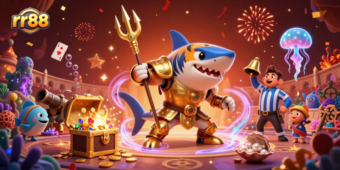 Celebrate wins at rr88 with a lively underwater casino featuring a shark gladiator and vibrant treasures.