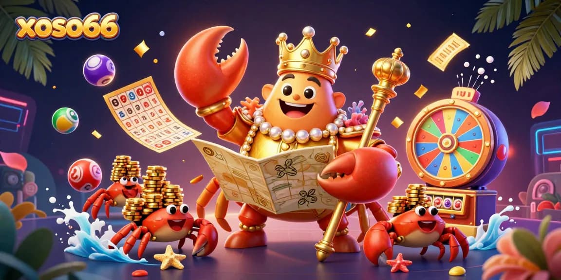 xoso66 engages players with vibrant lottery games featuring a golden crab emperor in a lively casino environment.