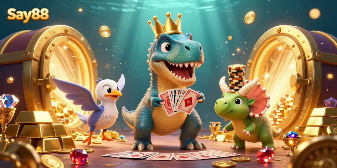 Experience exciting gameplay at Say88 with a vibrant scene featuring a friendly T-Rex and rich casino elements.