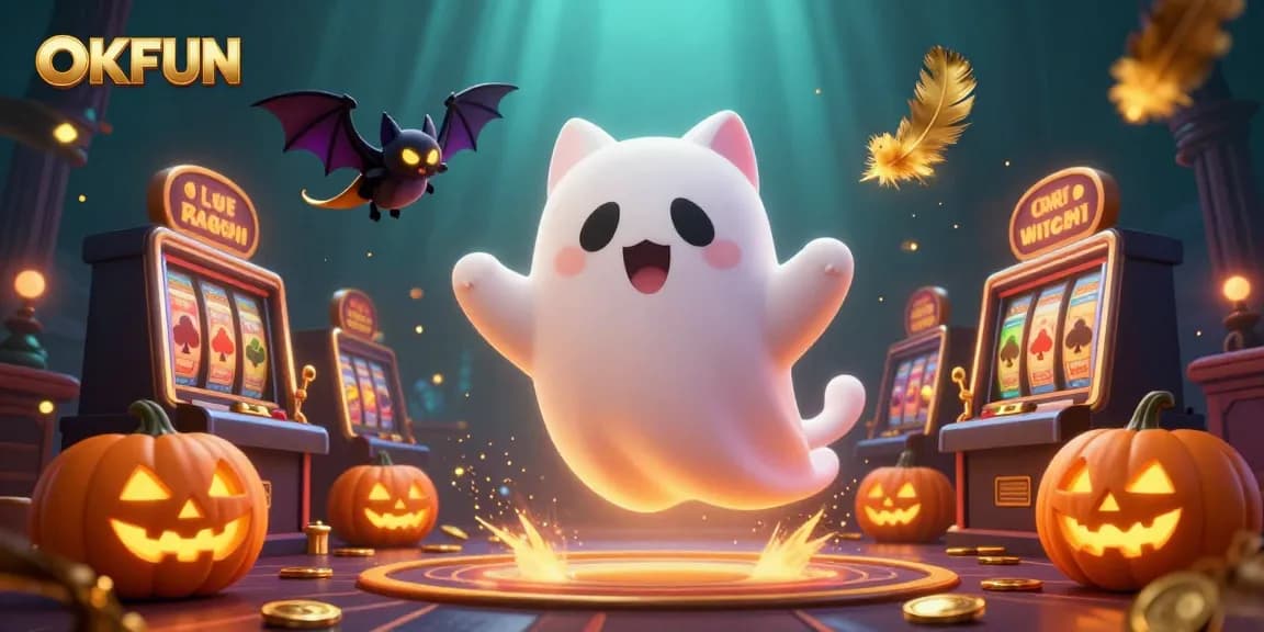 Experience thrilling slots with OKFUN's ghostly cat and bat in a haunted casino setting.