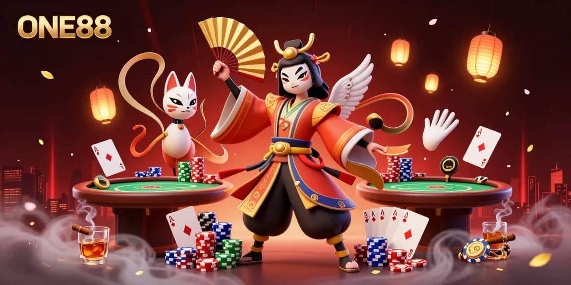 Experience the excitement of ONE88 with a vibrant 3D casino scene filled with poker and gaming elements.
