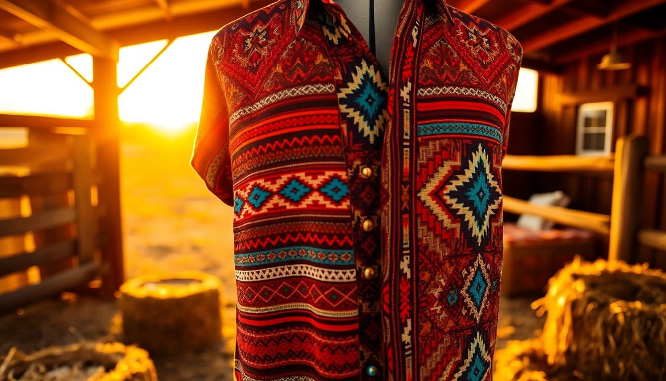 Showcasing Aztec Print Western Wear against a rustic backdrop, highlighting intricate designs.