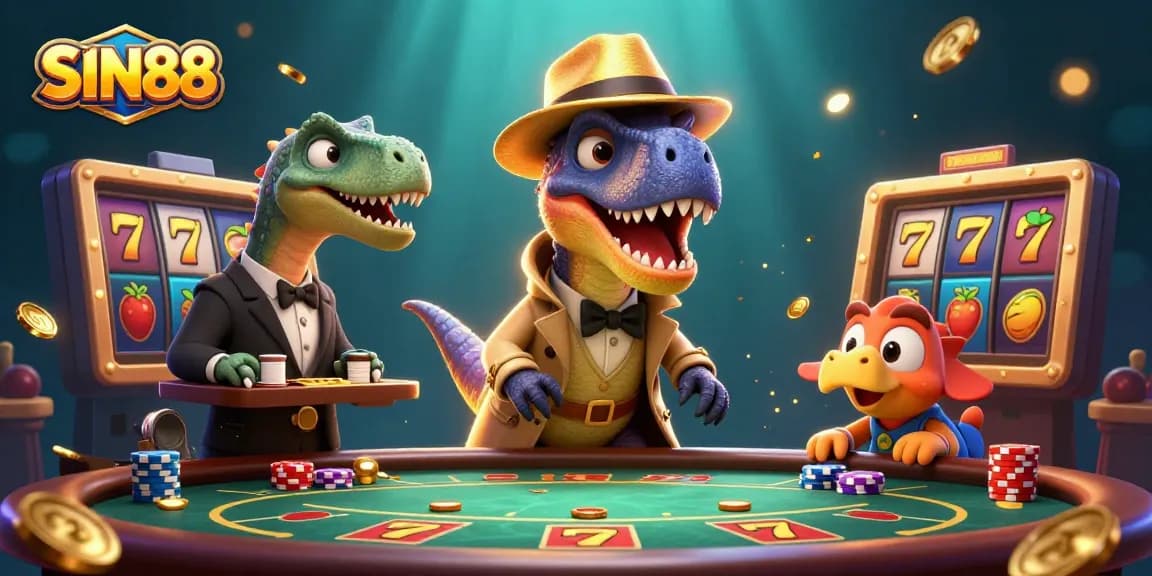 SIN88 features a velociraptor card counter at a blackjack table amidst slot reels and shimmering gold coins.