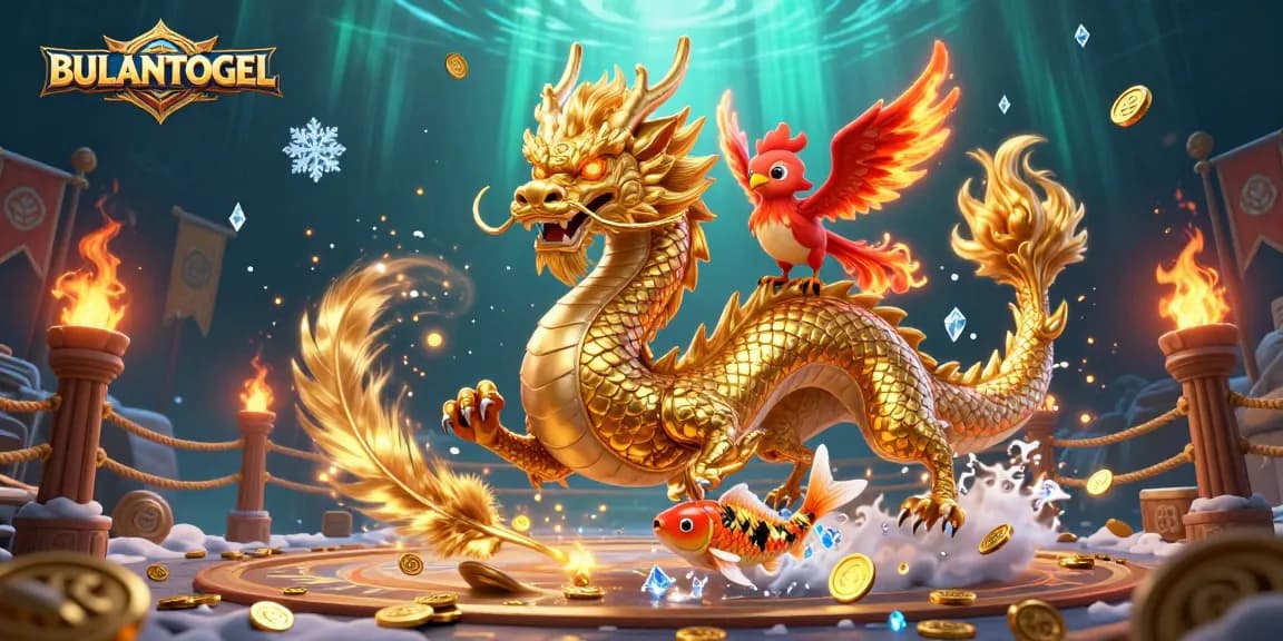 BULANTOGEL showcases a fierce dragon and phoenix amidst shimmering gold coins in an energetic casino scene.