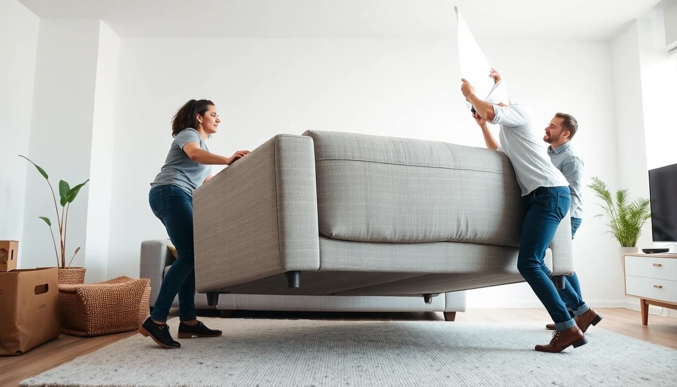 Couch removal by professionals in a tidy living room, showcasing the removal process.