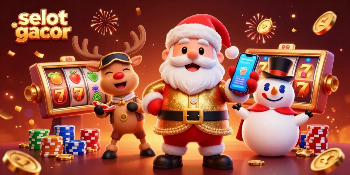Play slots and win big at selot gacor with festive characters celebrating jackpot wins in a vibrant casino scene.