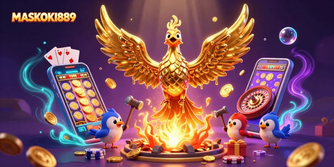 Experience thrilling slot action with MASKOKI889, featuring a dynamic phoenix and casino elements.