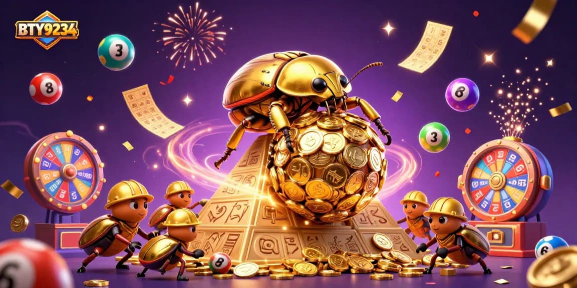 BTY9234 illustrates a vibrant casino scene with golden symbols and festive lottery elements.