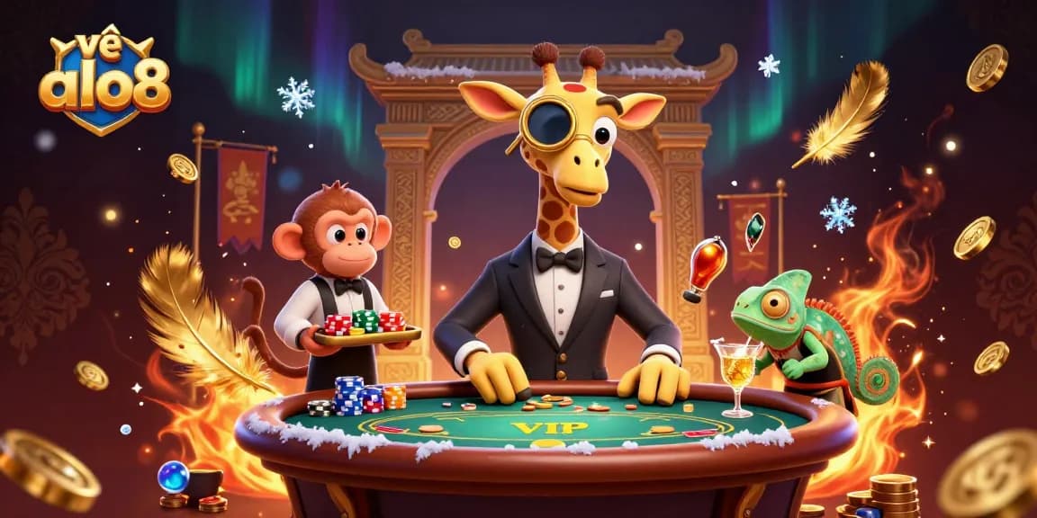 This scene showcases a vibrant celebration of casino gaming with unique characters representing về alo8, ideal for engaging gamblers.