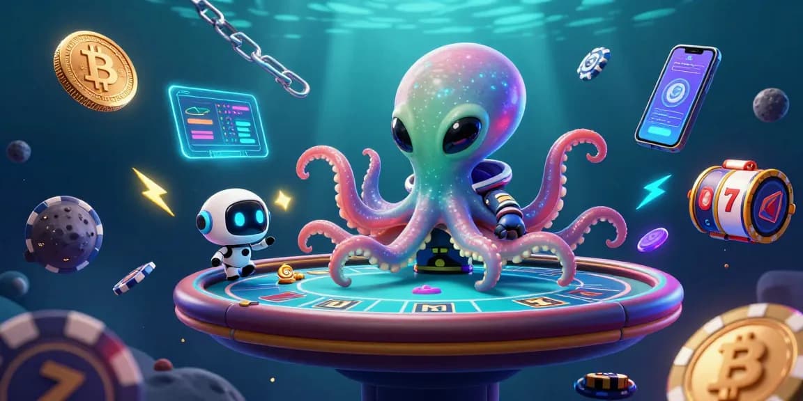 Engage in thrilling gameplay at MB 66, where an alien octopus operates a poker table amid floating crypto elements.