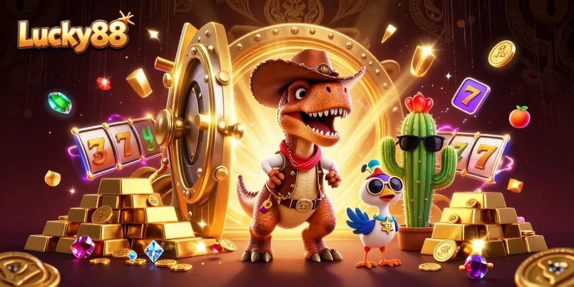 Get lucky with Lucky88 as a cowboy dinosaur spins the slots in a vibrant casino scene!