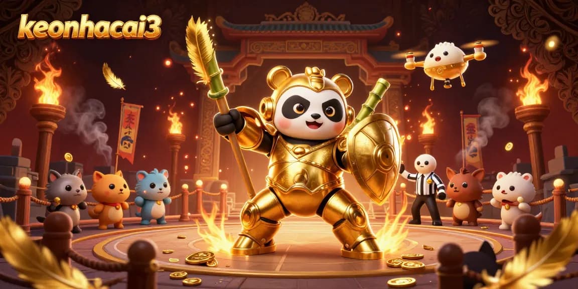 Engage in the excitement of keonhacai3 with a vibrant 3D scene featuring a mech-suit panda in action.