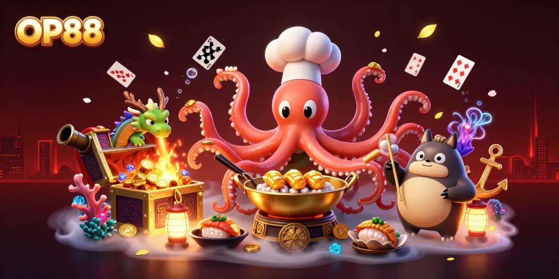 Experience the thrilling excitement at OP88 with vibrant characters and dynamic casino elements.